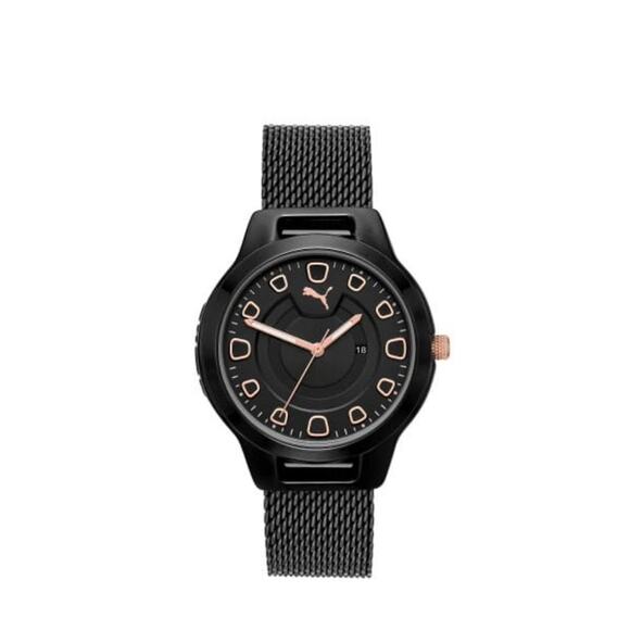 PUMA Women's Reset Three-Hand Date, Black-Tone Alloy Watch, P1010 Black Rose NEW - Picture 1 of 7